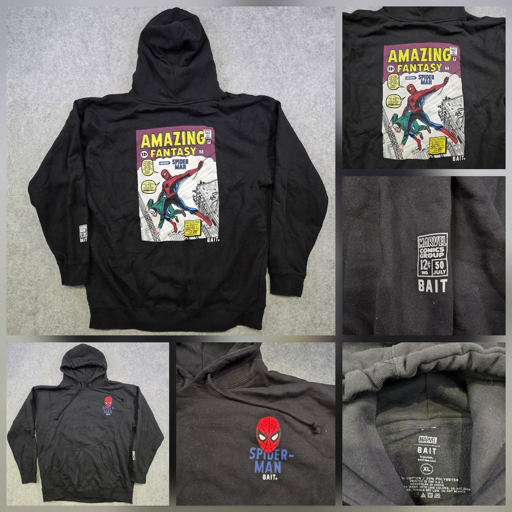 BAIT Spider-Man Hoodie Mens‎ XL Black Amazing Fantasy Comic Graphic Sweatshirt